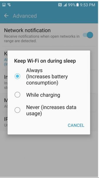 Set Wi-Fi to increase battery life for galaxy s 7